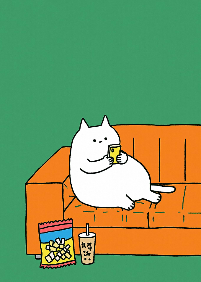 Cat on Couch with Snacks