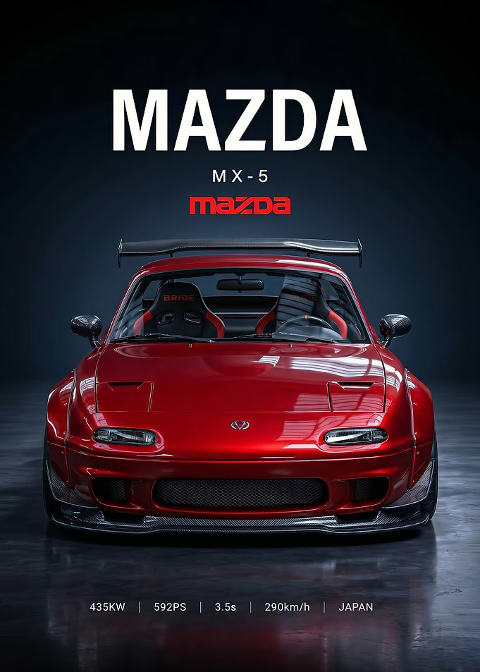 sleek red custom Mazda MX-5 old car poster