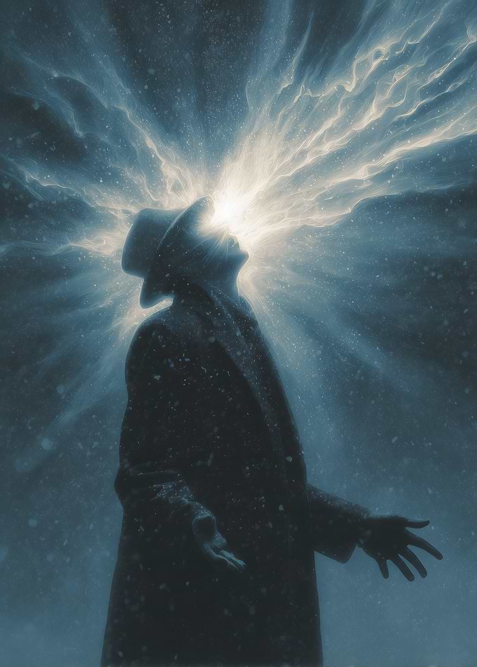 Man with light bursting from head