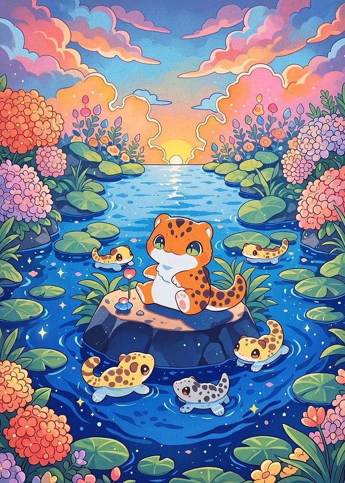 Cute Leopard Family in a Pond