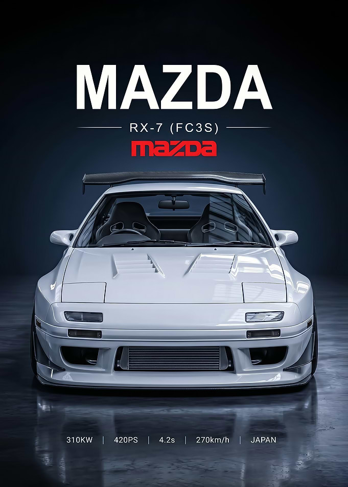 sleek white Mazda RX-7 FC3S Poster