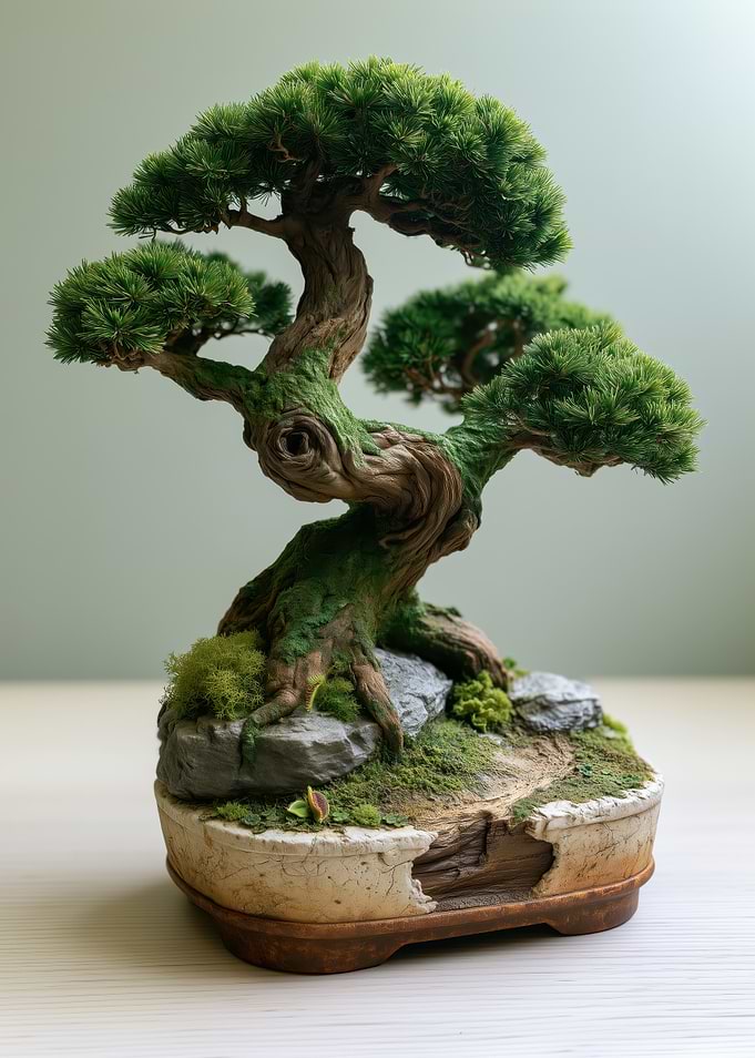 Miniature Twisted Bonsai Tree in Cracked Pot