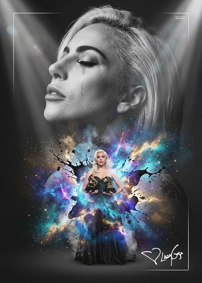 Lady Gaga with Grammys in Cosmic Dress