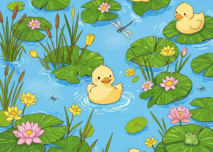 Cute Ducklings and Frogs in a Pond