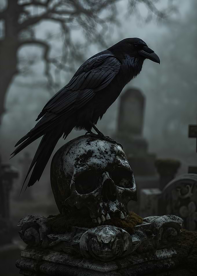 Raven on a Skull in a Cemetery