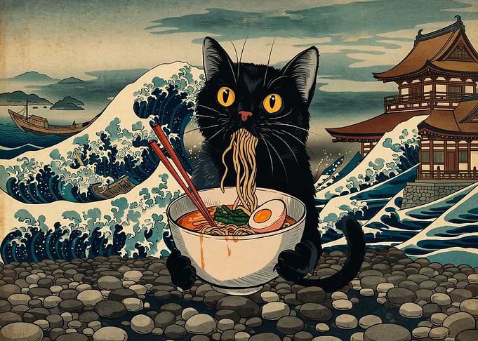 Black Cat Eating Ramen with Giant Waves