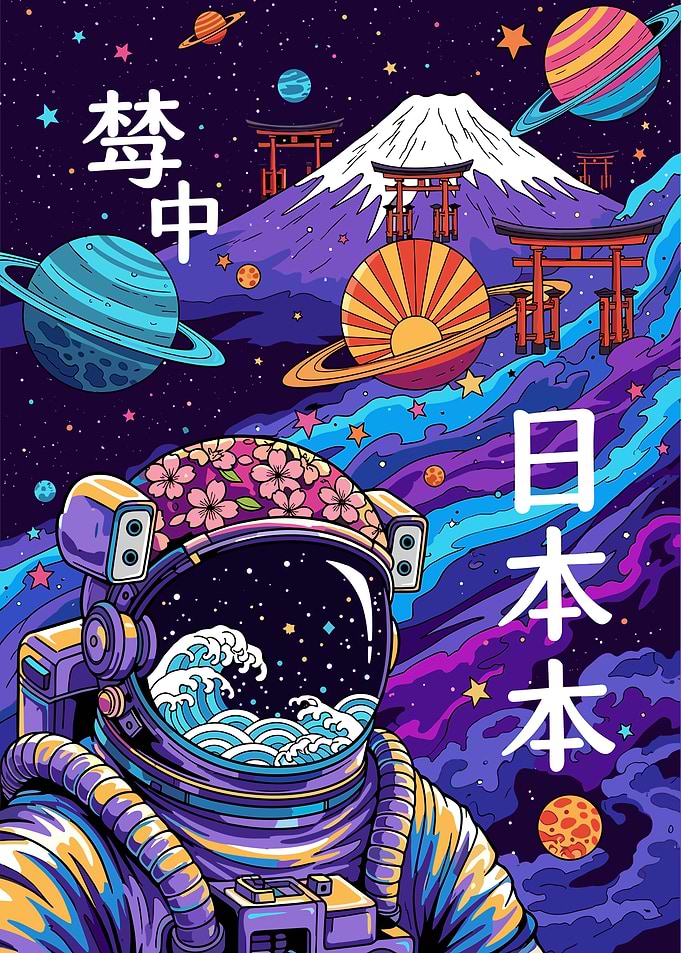 Astronaut in Space with Japanese Elements