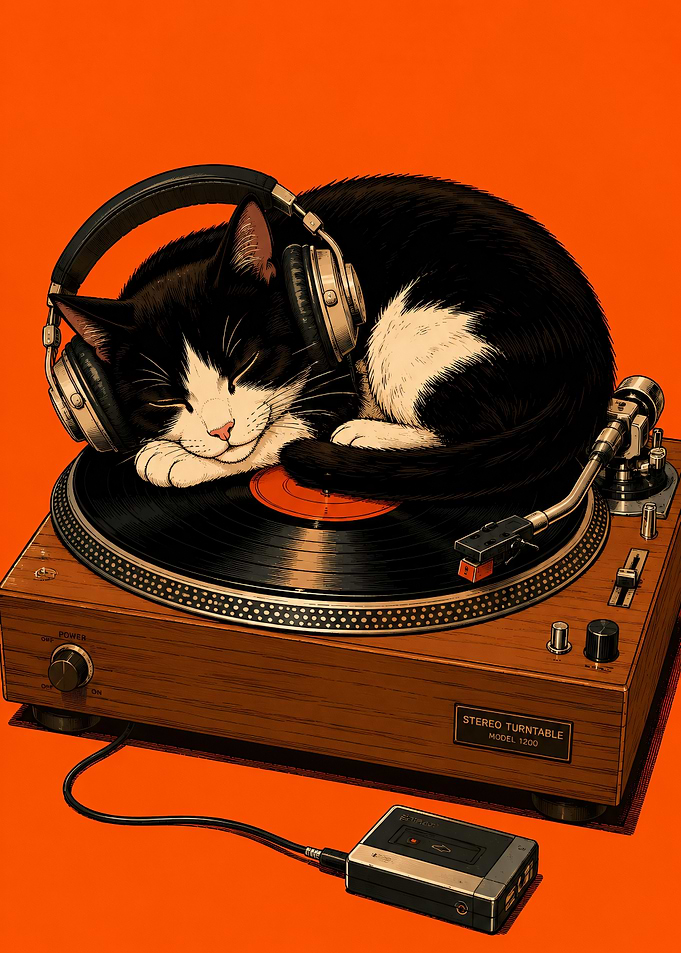 Cat Sleeping on Turntable with Headphones
