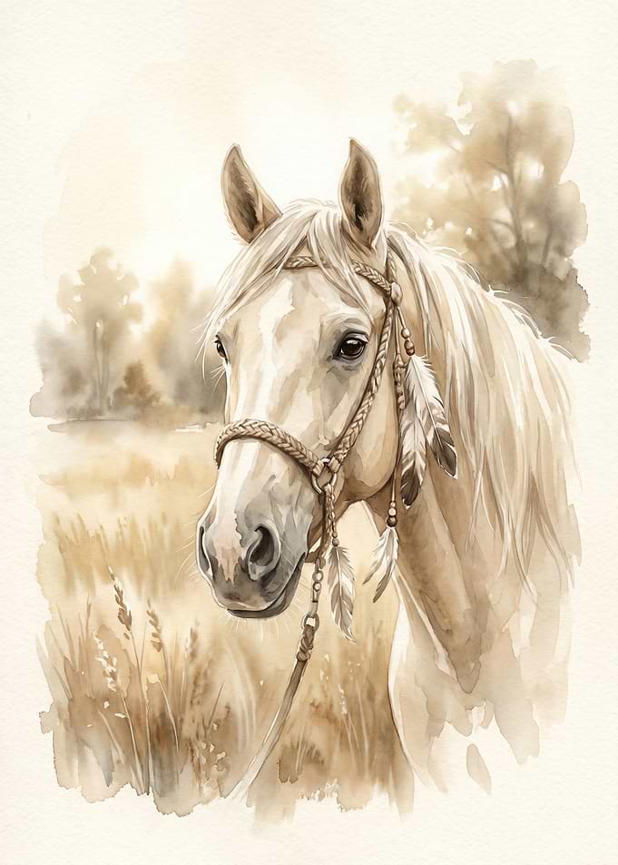 Watercolor Horse Portrait with Feathers