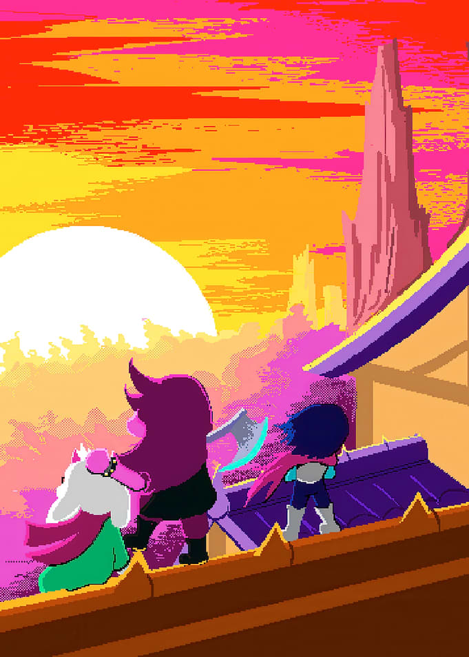 Deltarune characters on a rooftop at sunset