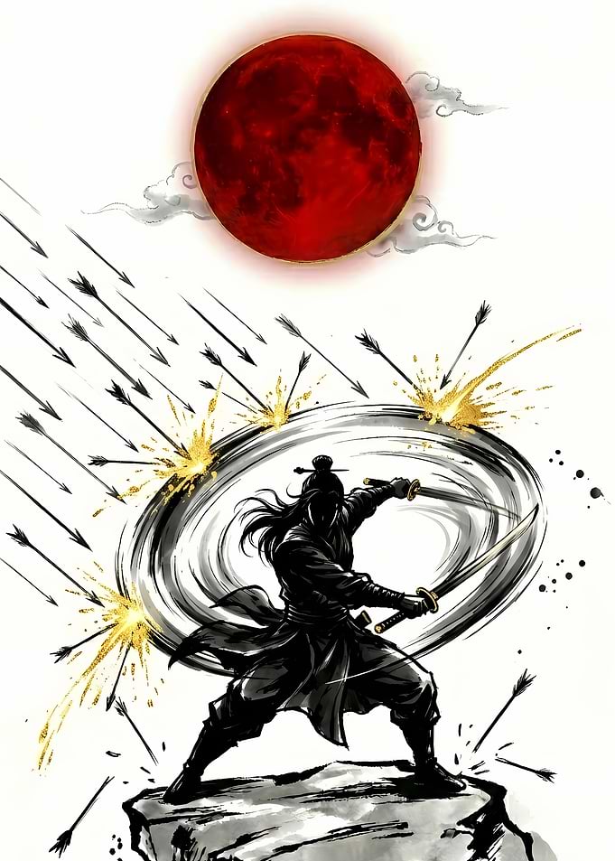Samurai Deflecting Arrows Under Red Moon