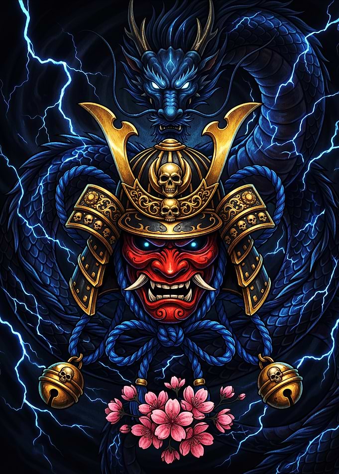 Samurai Mask Dragon and Cherry Blossoms