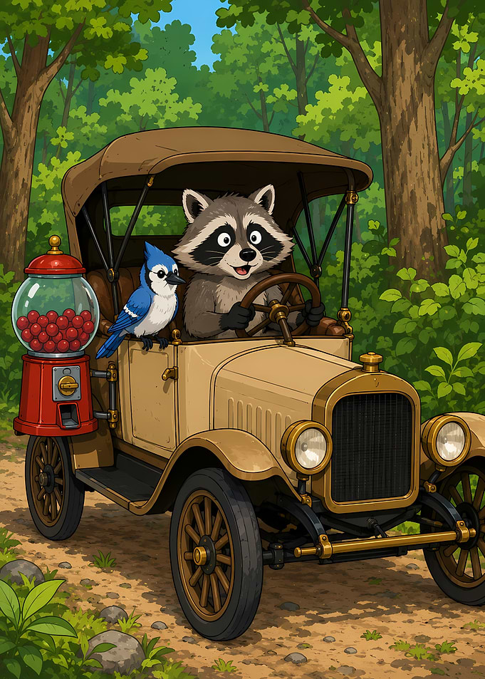 Raccoon driving a vintage car with a blue jay