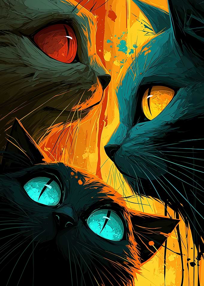 Three Cats with Intense Eyes