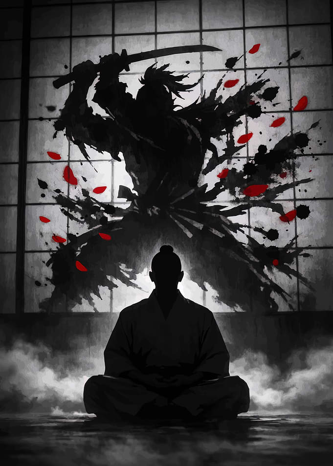 Samurai meditating with warrior silhouette