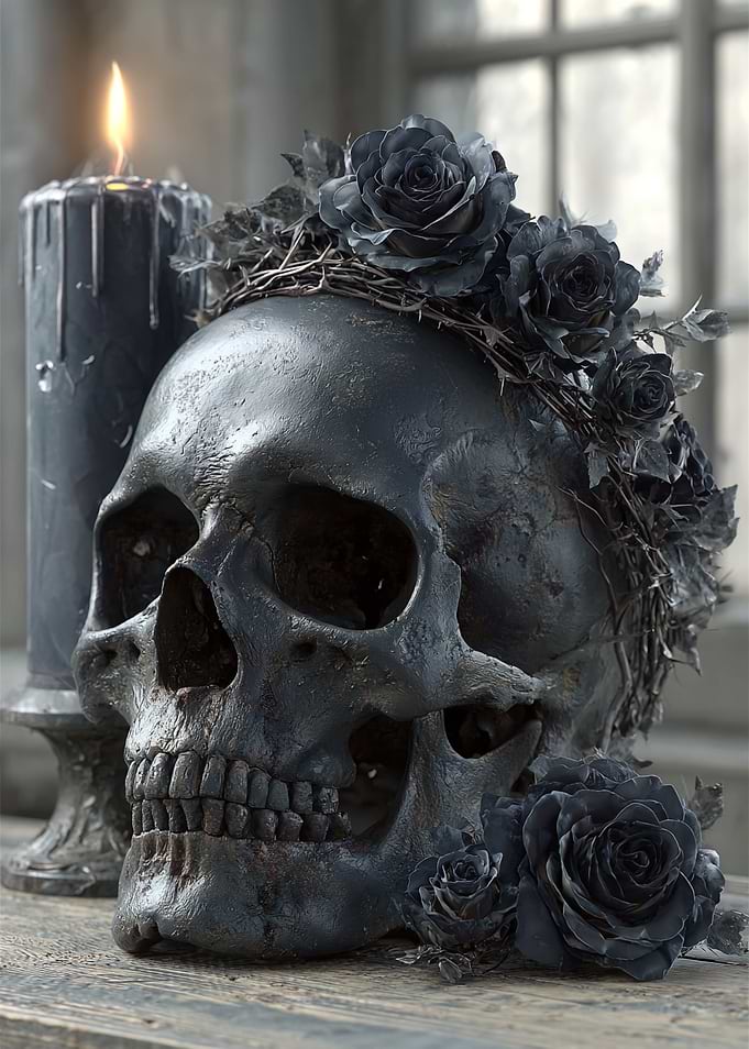 Gothic Skull with Black Roses and Candle