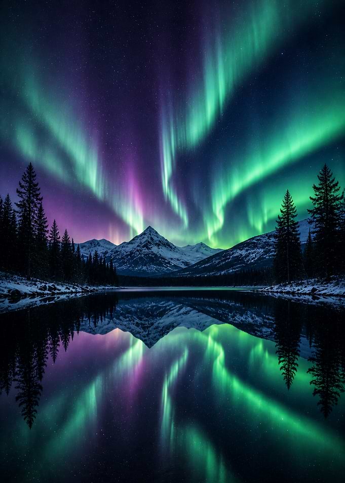 Aurora Borealis Over Mountain Lake