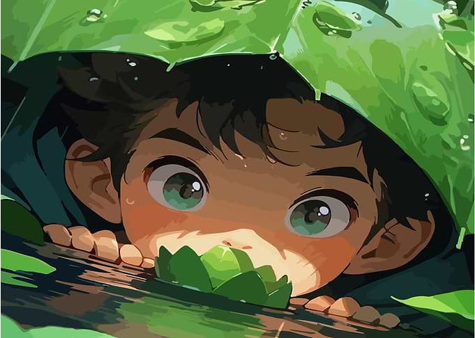 Anime child hiding under leaves