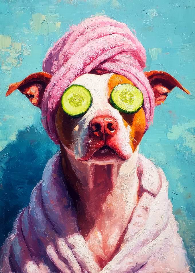 Dog in spa with cucumbers