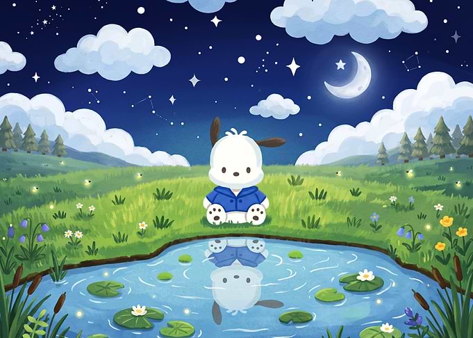 Pochacco by a Pond at Night