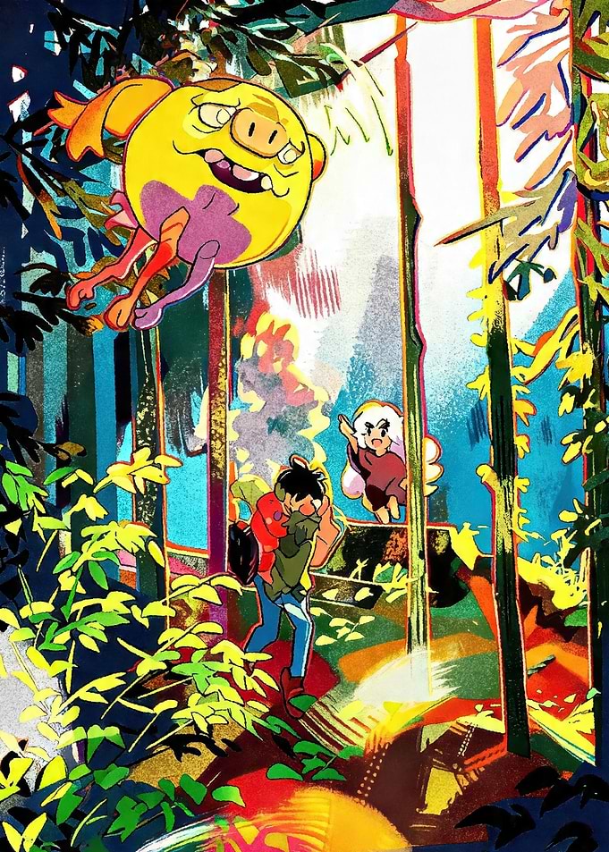 Anime characters in a vibrant forest