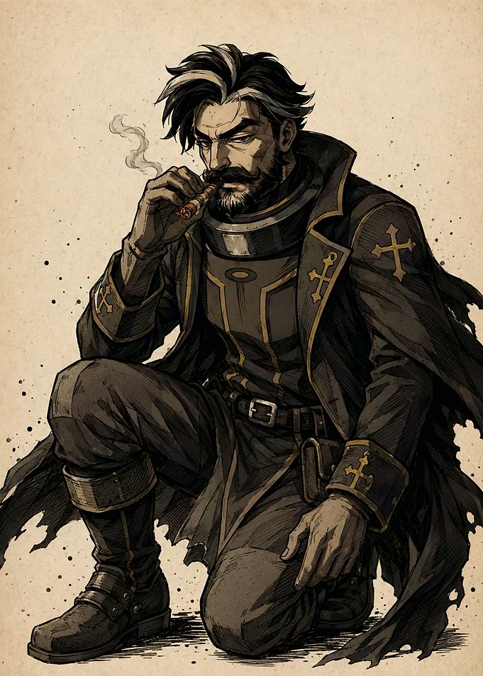 Man Smoking Cigar in Fantasy Attire