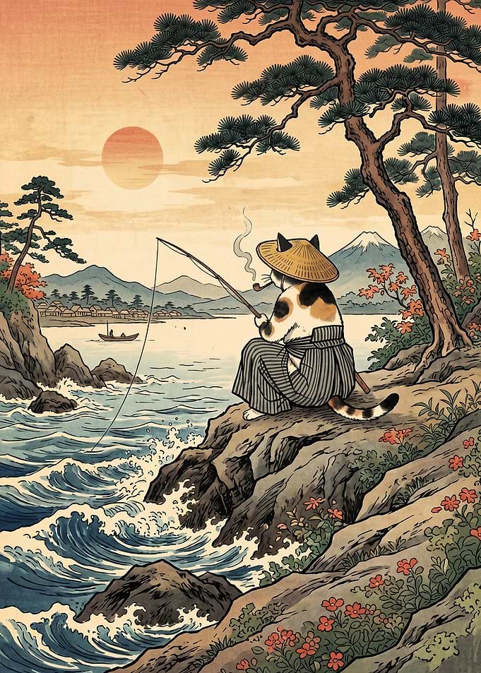 Cat fishing with Mount Fuji in background