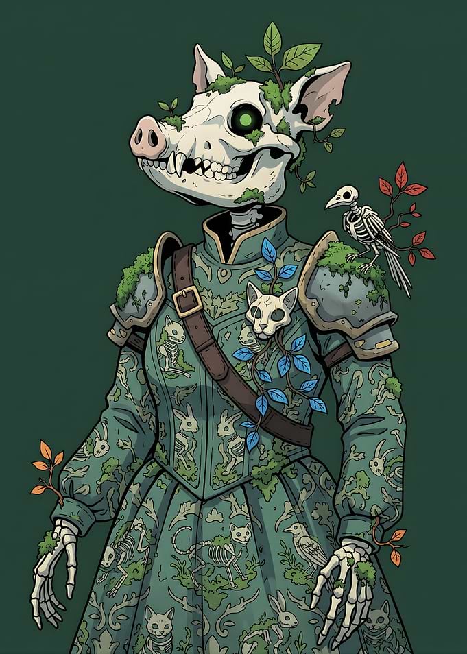 Skeleton Pig Knight with Nature Motifs