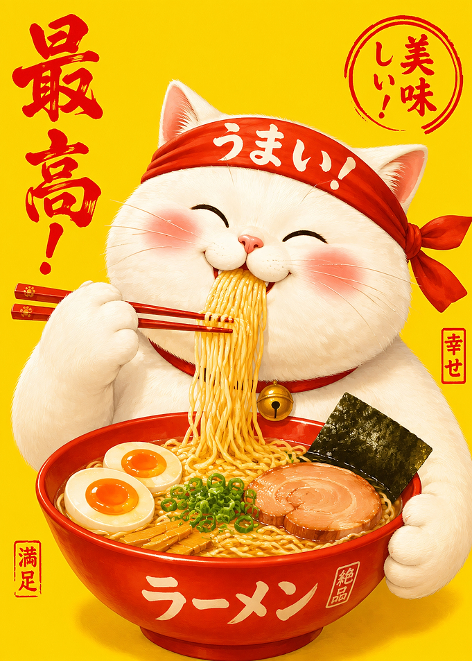Cute Cat Eating Ramen