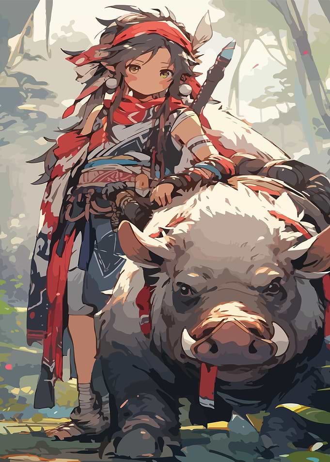 Anime Girl Riding a Boar