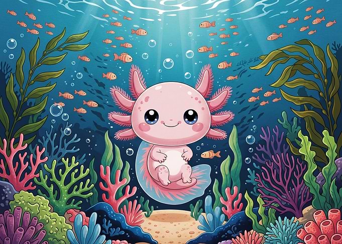 Cute Axolotl Underwater Scene