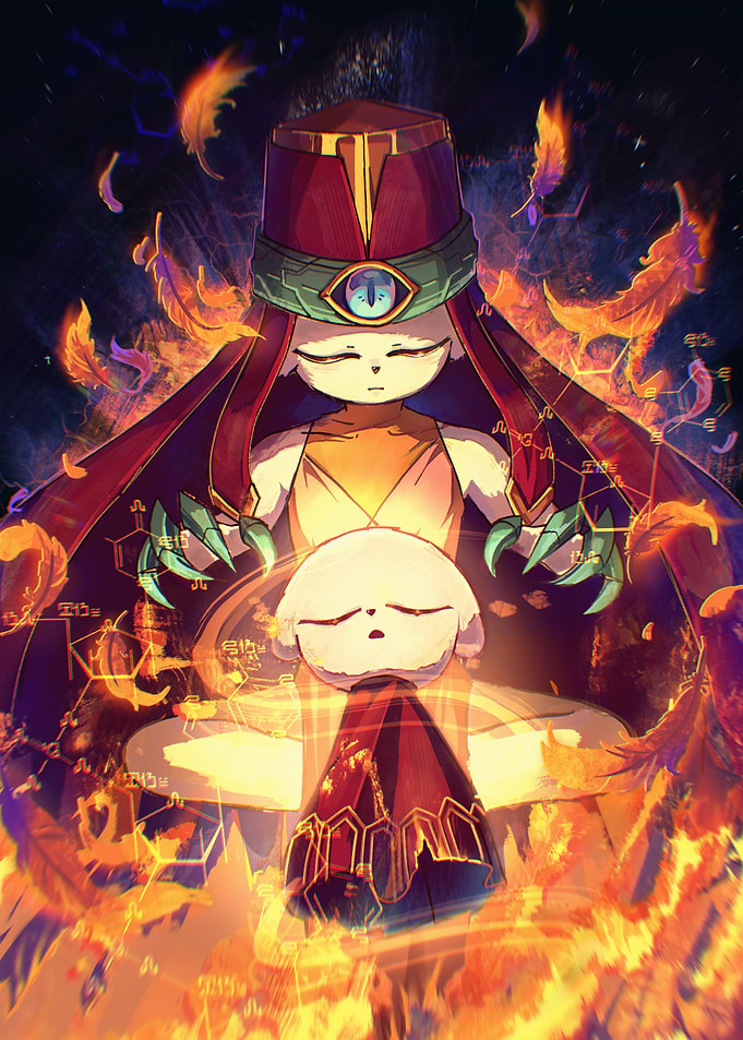 Mystical Cat Characters in Fiery Ritual