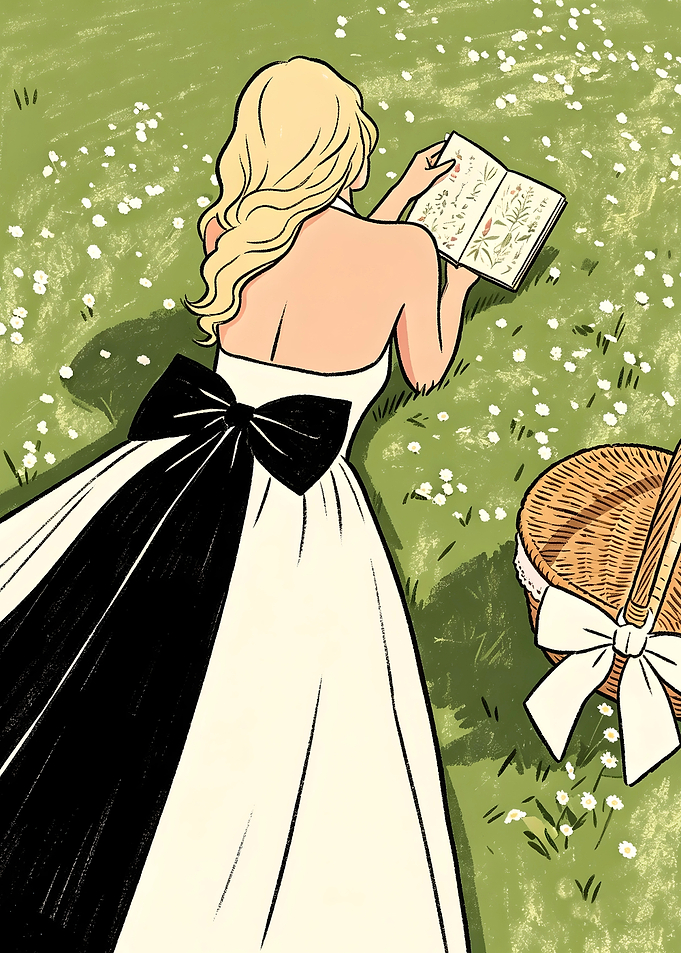 Woman in a black and white dress reading