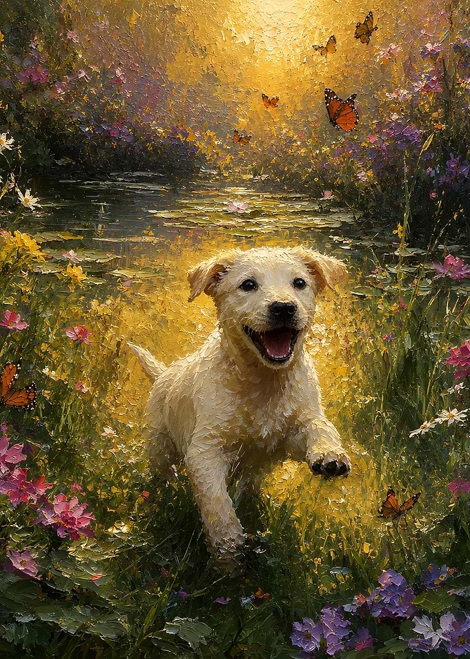 Happy Puppy in a Butterfly Meadow