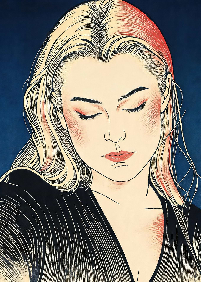 Woman with blonde hair and red makeup