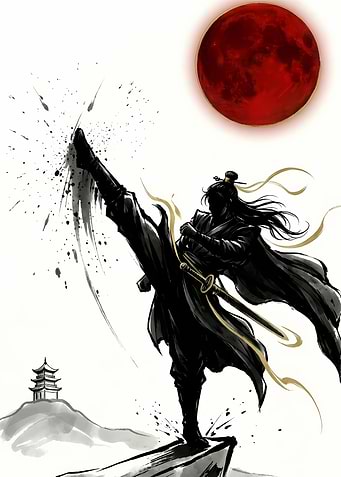Martial Artist Kicking Under Red Moon