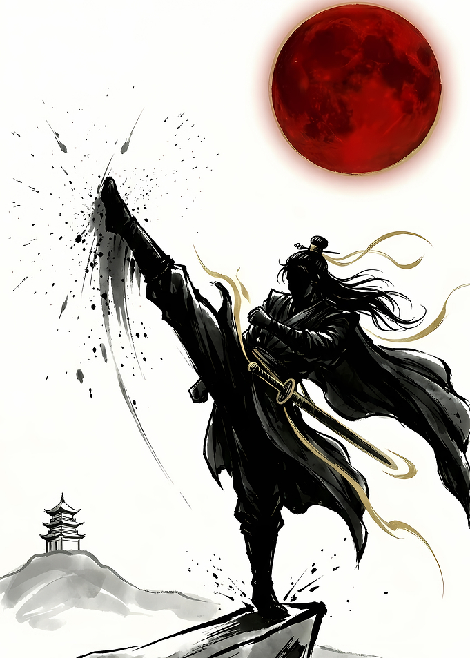 Martial Artist Kicking Under Red Moon