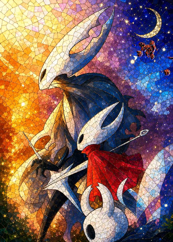 Hollow Knight Characters in Stained Glass Style
