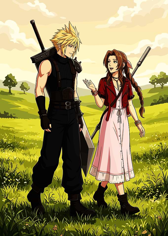 Cloud and Aerith in a Field