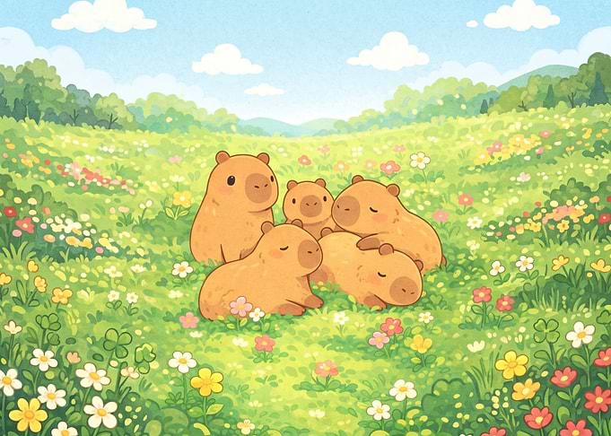 Cute Capybara Family in a Meadow