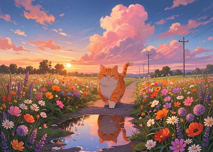 Cute Cat Walking Through a Flower Field at Sunset
