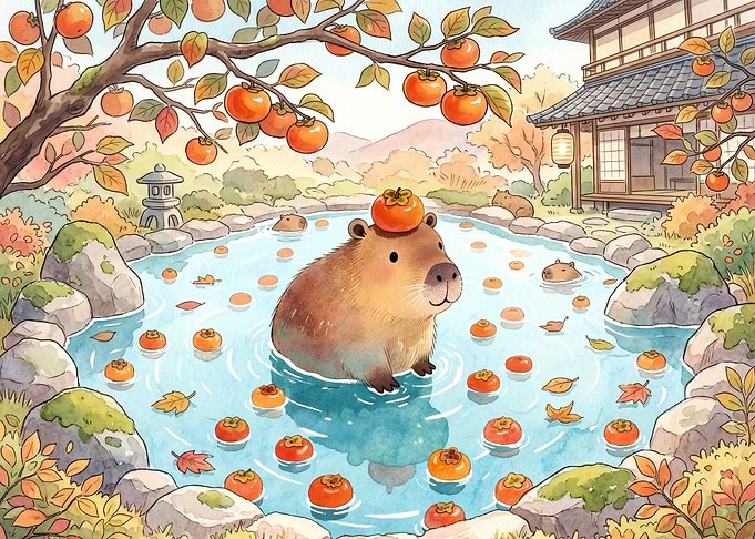 Capybara in Hot Spring with Persimmons