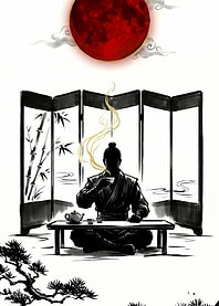 Man drinking tea under a red moon