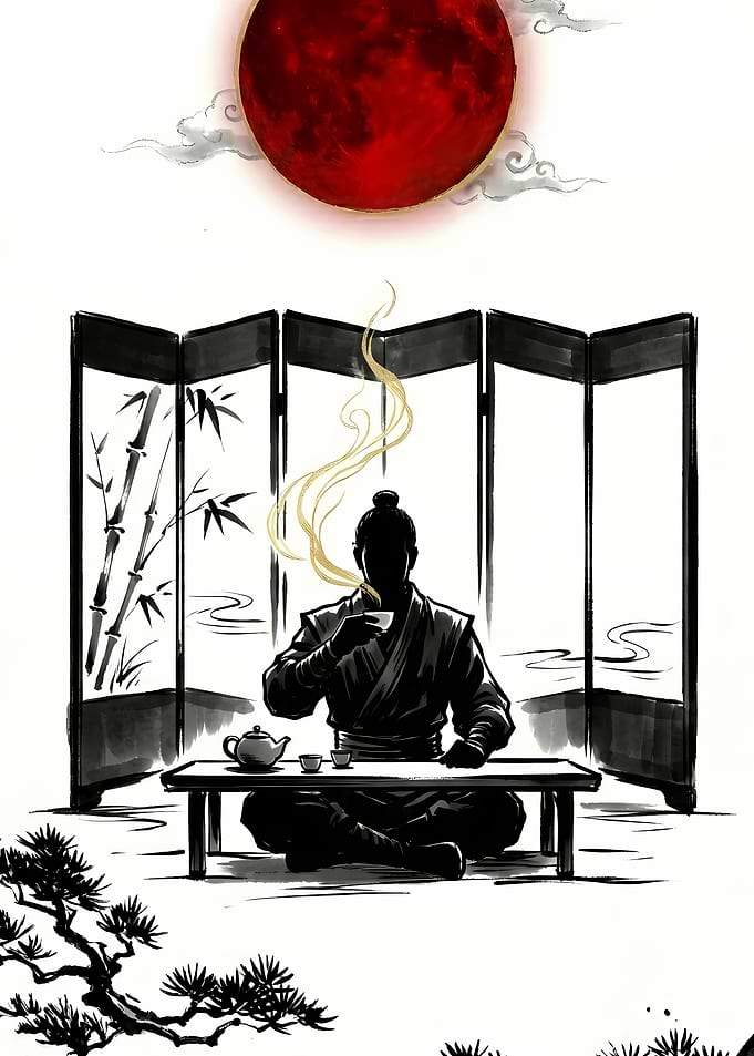 Man drinking tea under a red moon
