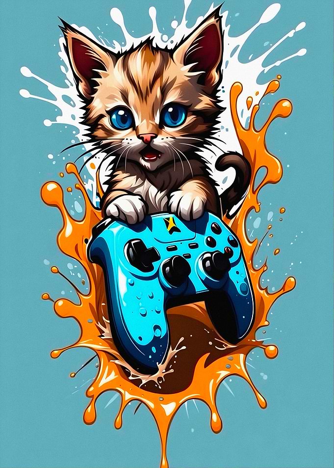 Cute Kitten with Gaming Controller