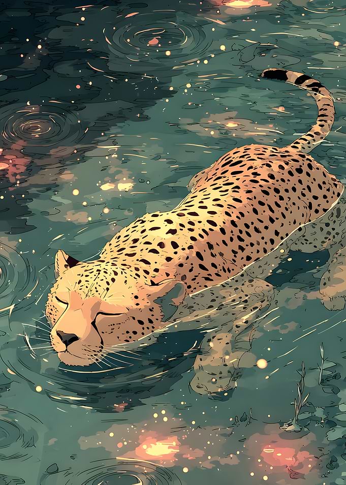 Cheetah swimming and Sleep in water