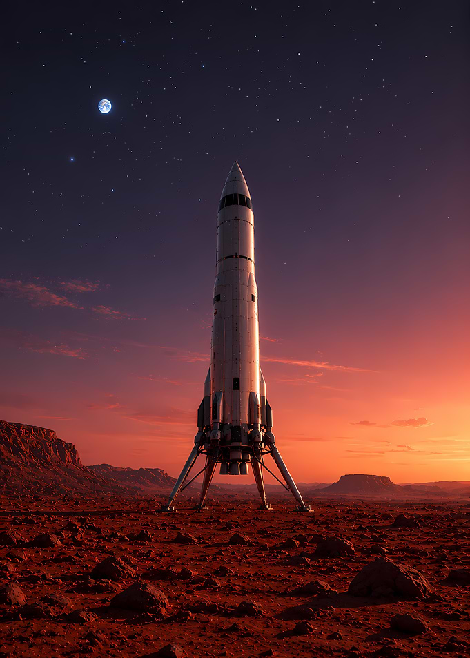 Rocket on Mars at Sunset