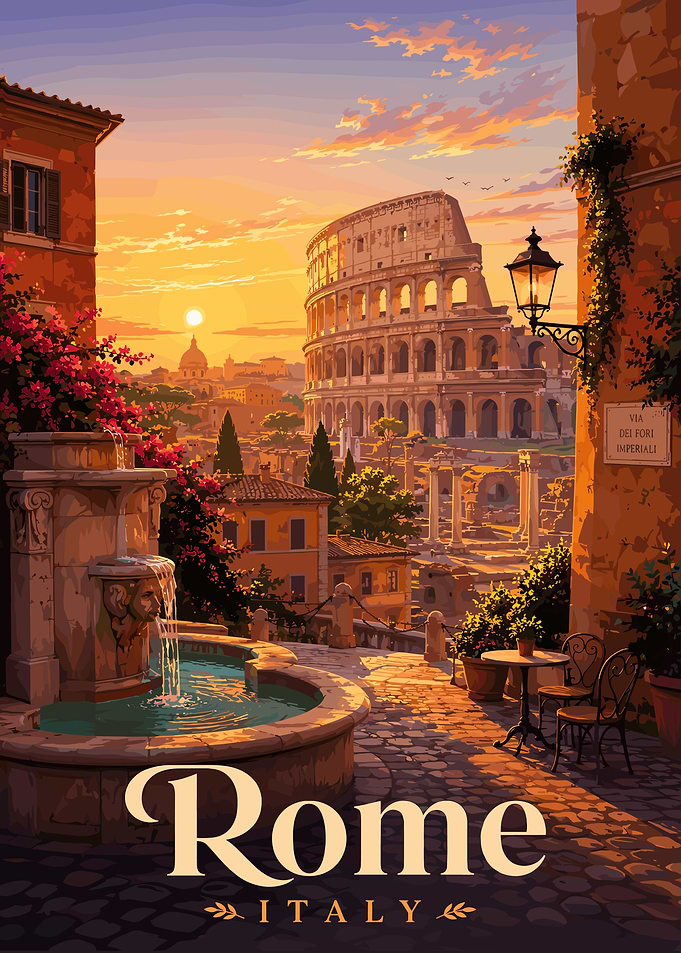 Rome cityscape with Colosseum at sunset