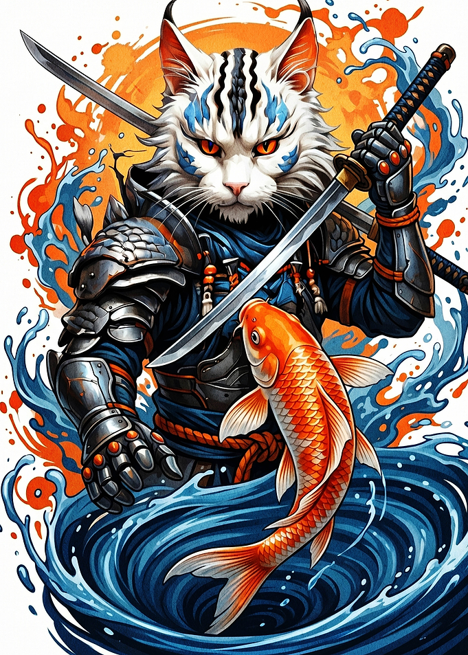 Samurai Cat with Koi Fish