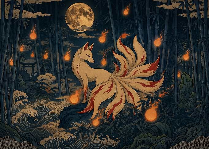 Nine-Tailed Fox in Bamboo Forest